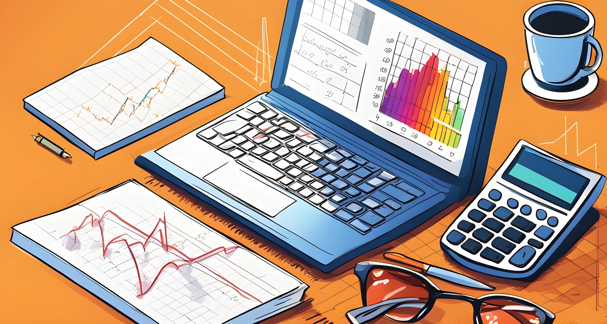 The image shows a graph with fluctuating cryptocurrency prices, a calculator, and a notebook with financial calculations.