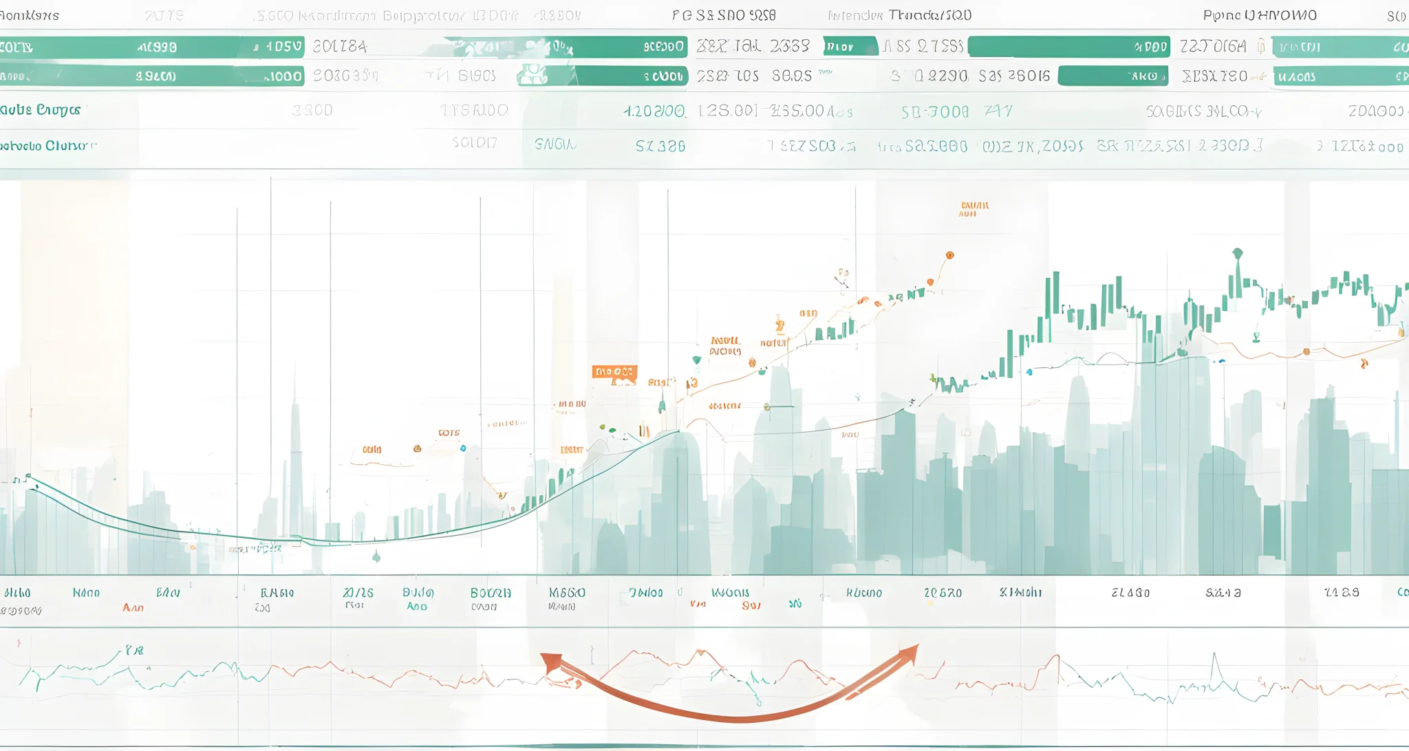 The image shows a graphic of a Bitcoin price chart with a line indicating a predicted increase in value. Around the chart are various financial indicators and data points.