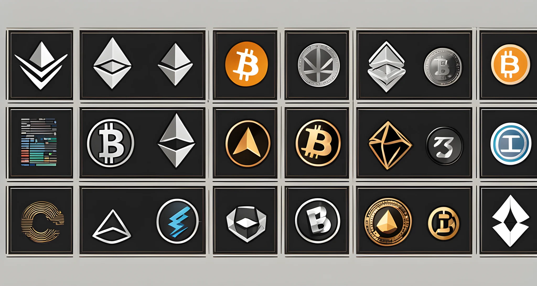 The image shows a grid of ten different cryptocurrency logos, including Bitcoin, Ethereum, Ripple, Litecoin, and others.