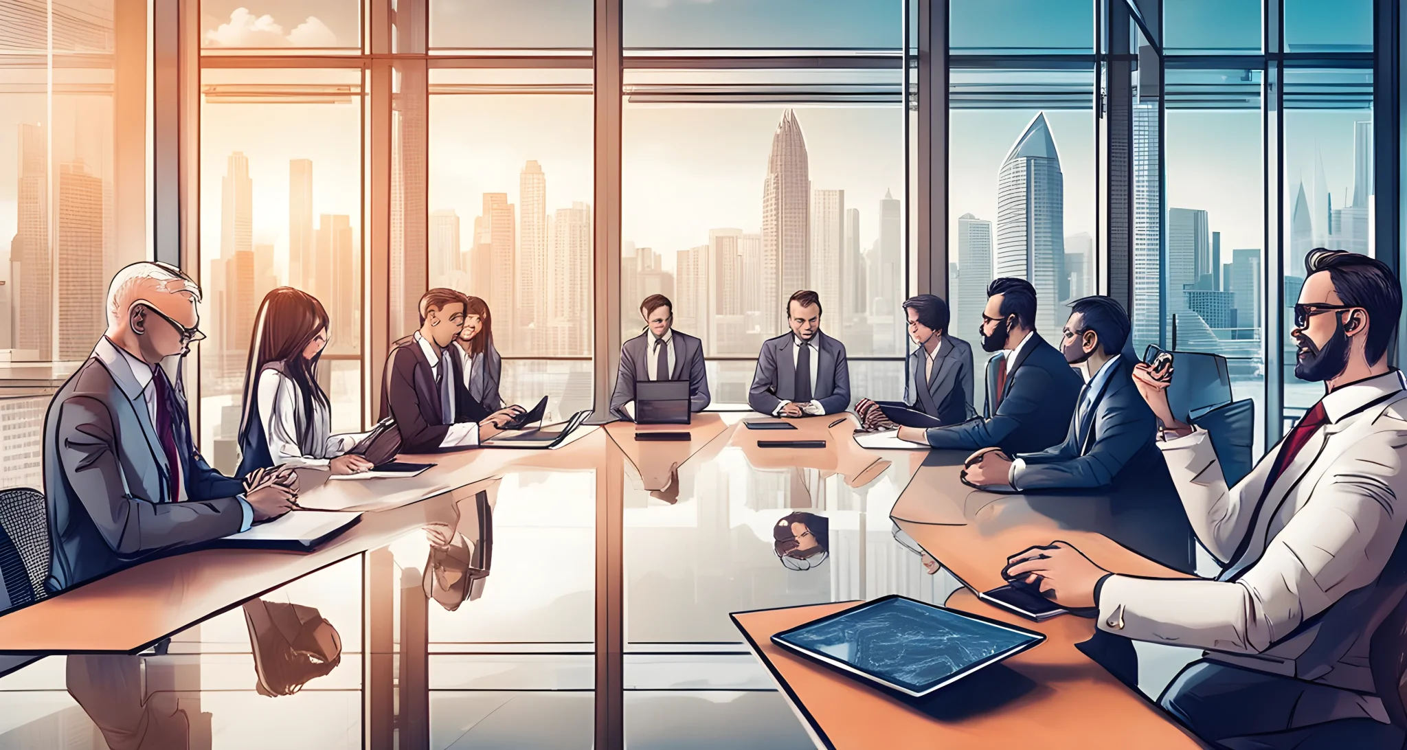 The image shows a group of business executives and government officials discussing blockchain technology. Their surroundings include modern technology and futuristic architecture.