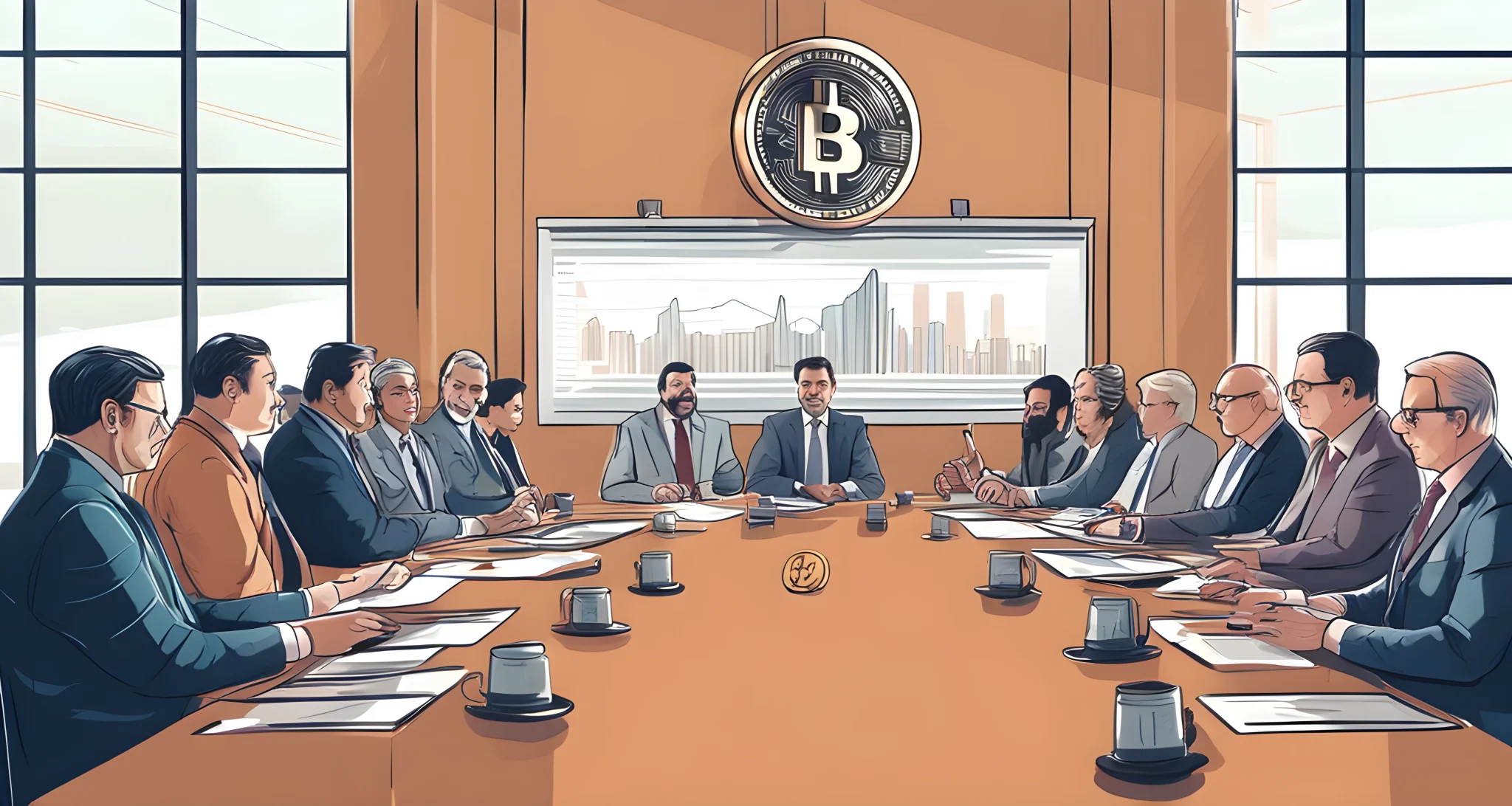 The image shows a group of government officials and industry experts discussing cryptocurrency regulation at a roundtable meeting.