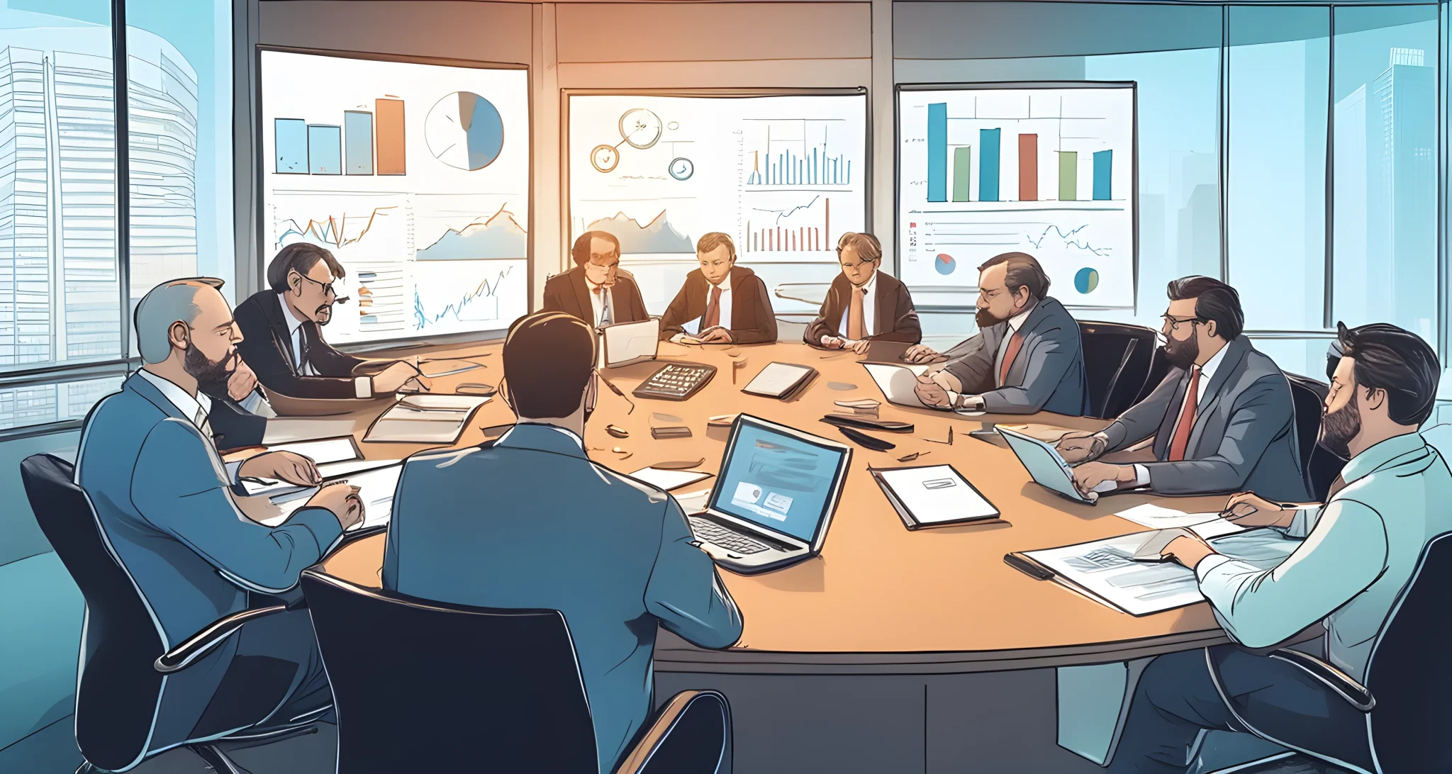 The image shows a group of government officials and industry experts discussing cryptocurrency regulations in a conference room. Papers, laptops, and graphs are scattered across the table, indicating a serious and in-depth discussion.