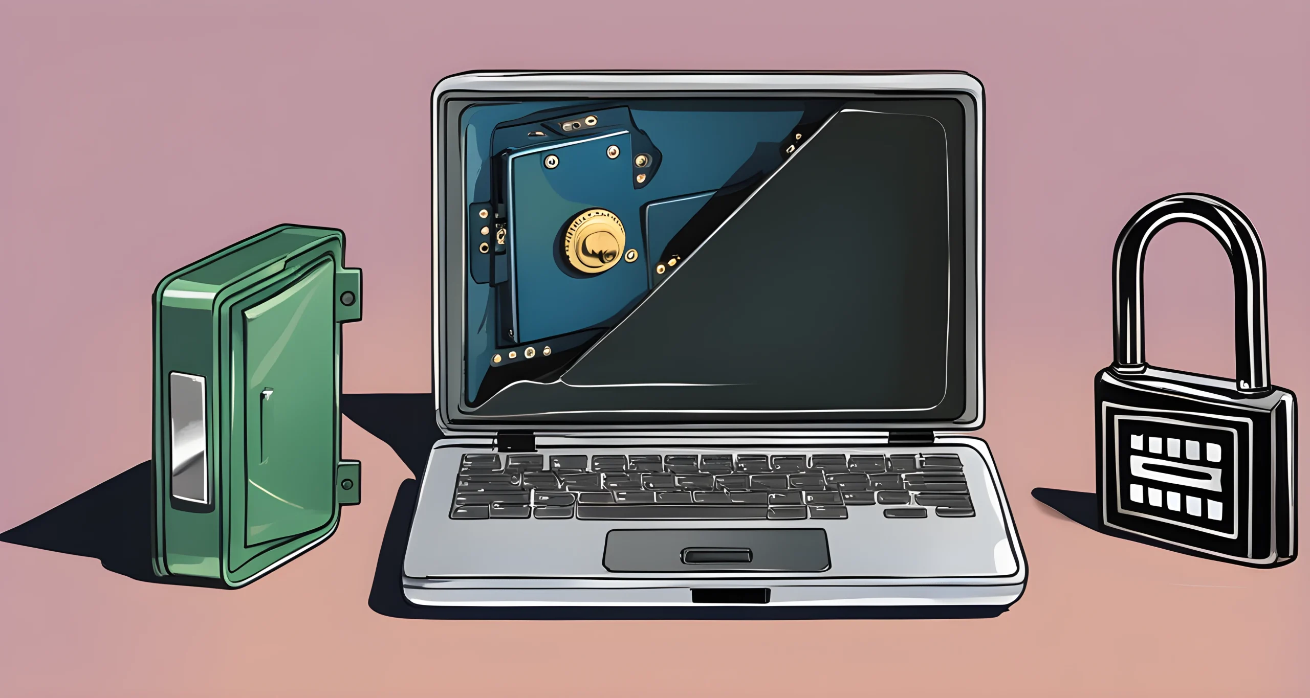 The image shows a hardware wallet, a computer, and a locked safe.