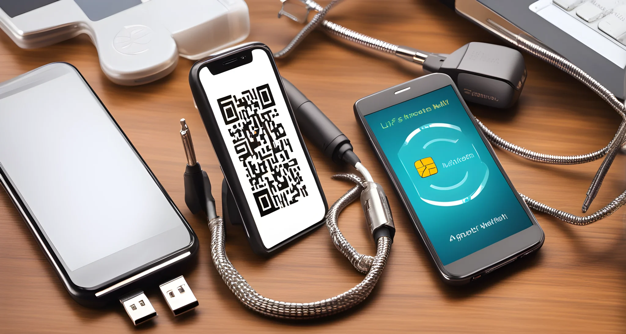 The image shows a hardware wallet, a computer with encrypted data, and a smartphone with two-factor authentication app.