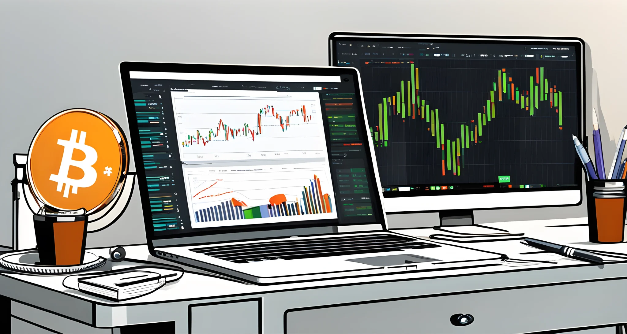 The image shows a laptop displaying a cryptocurrency trading platform with candlestick charts and trading indicators. A notebook with trading notes and a pen are also visible on the desk.