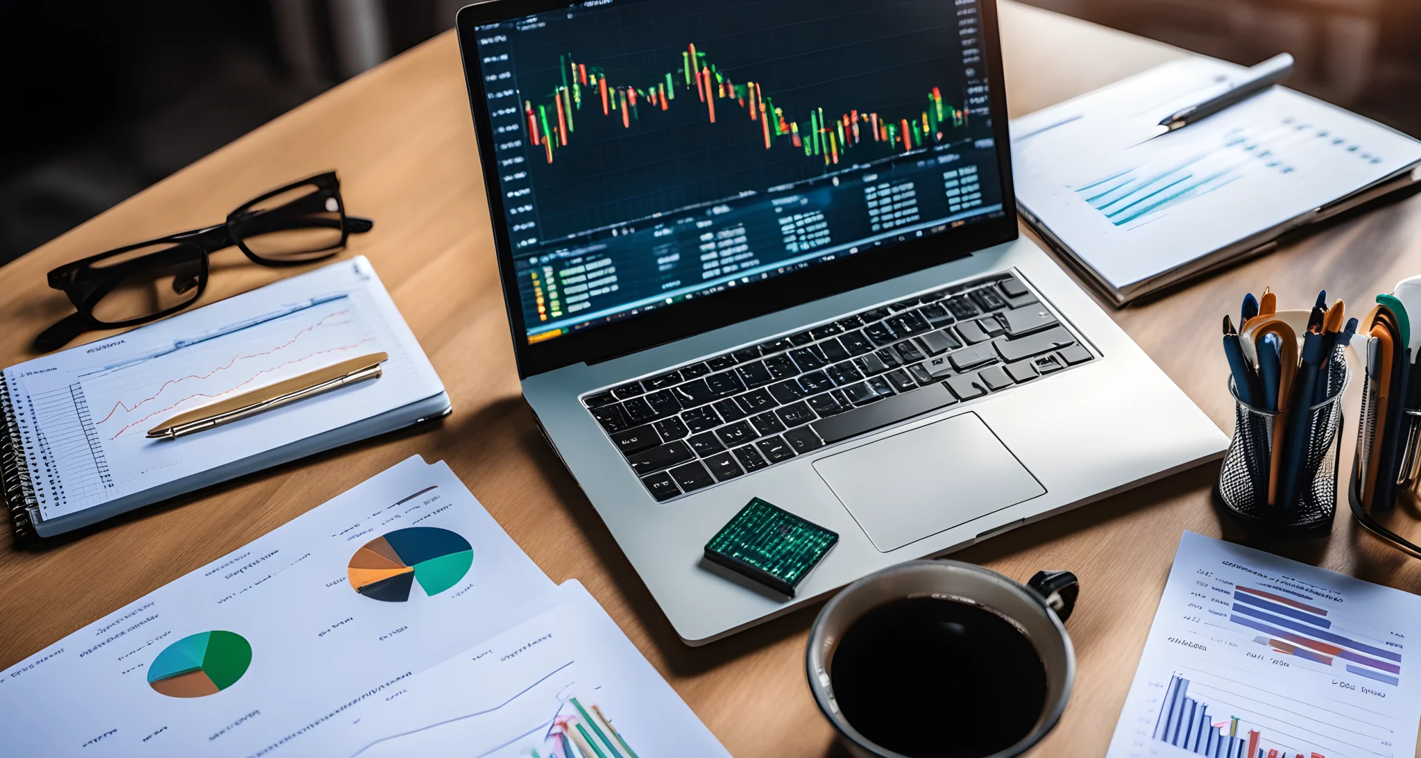 The image shows a laptop displaying a cryptocurrency trading platform with various charts and graphs. An open notebook and pen are also visible, suggesting research and analysis.