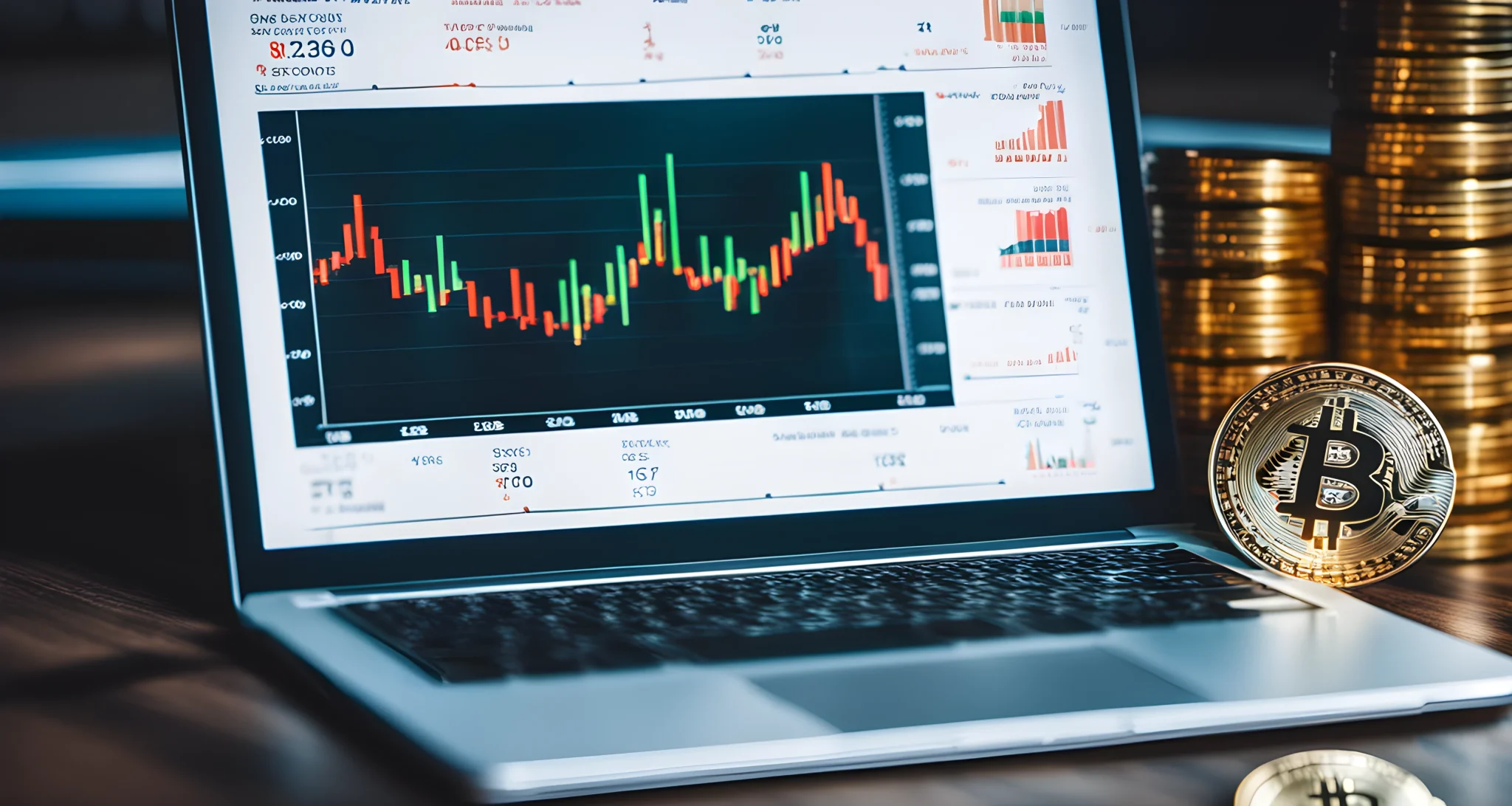 The image shows a laptop displaying a graph of Bitcoin price fluctuations over time, alongside a traditional stock market index chart.