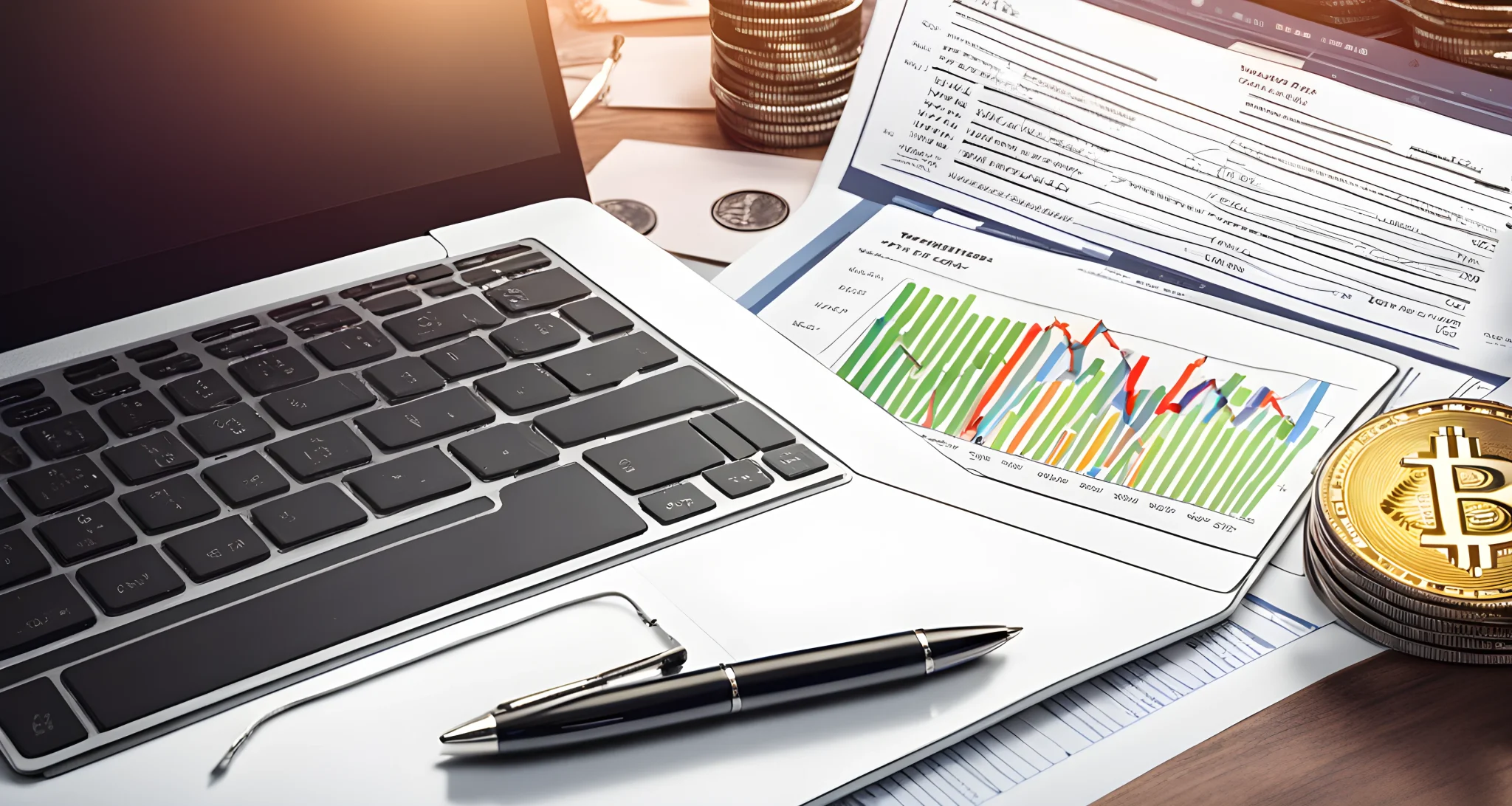 The image shows a laptop with a cryptocurrency exchange platform open, alongside a stack of regulatory documents and a pen.