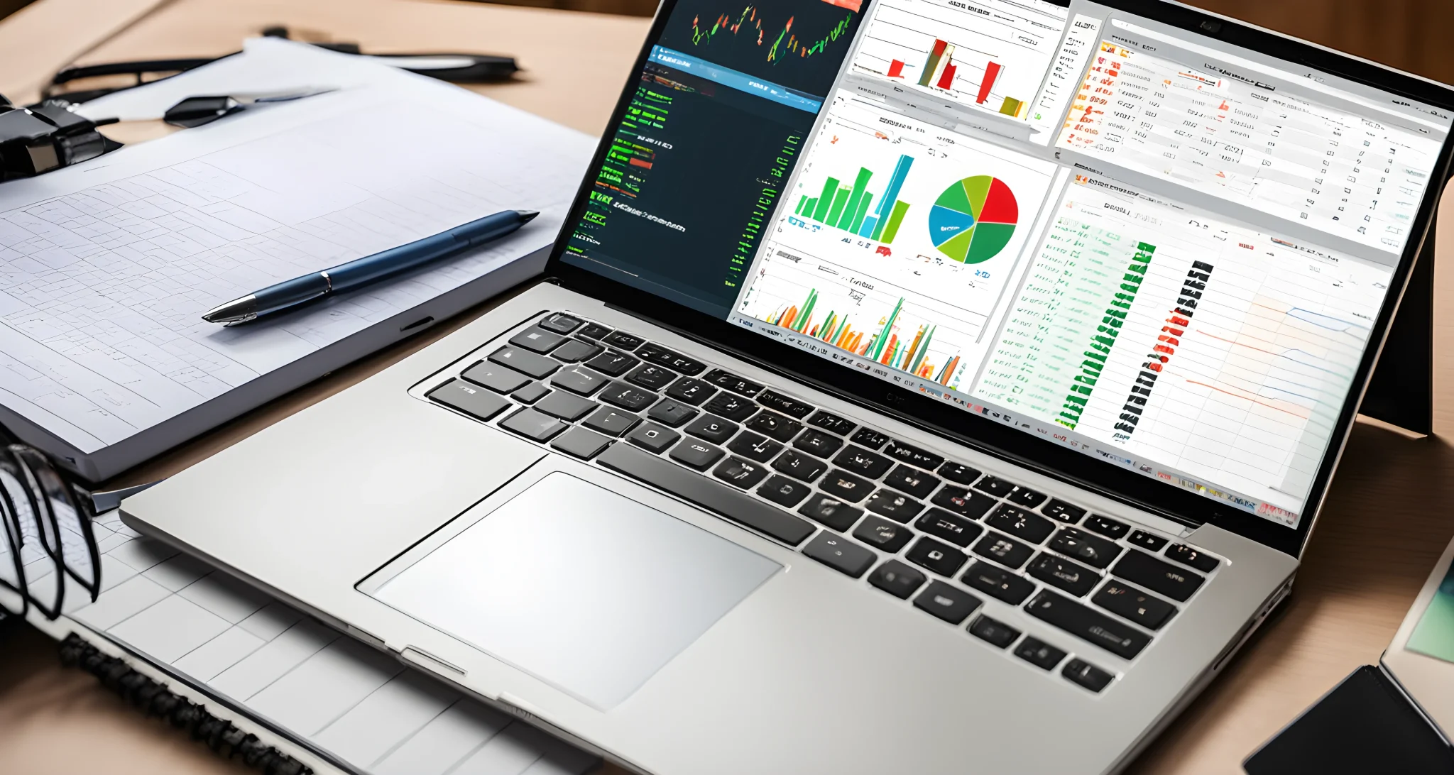 The image shows a laptop with a cryptocurrency trading platform open on the screen, along with a notebook and pen for note-taking.