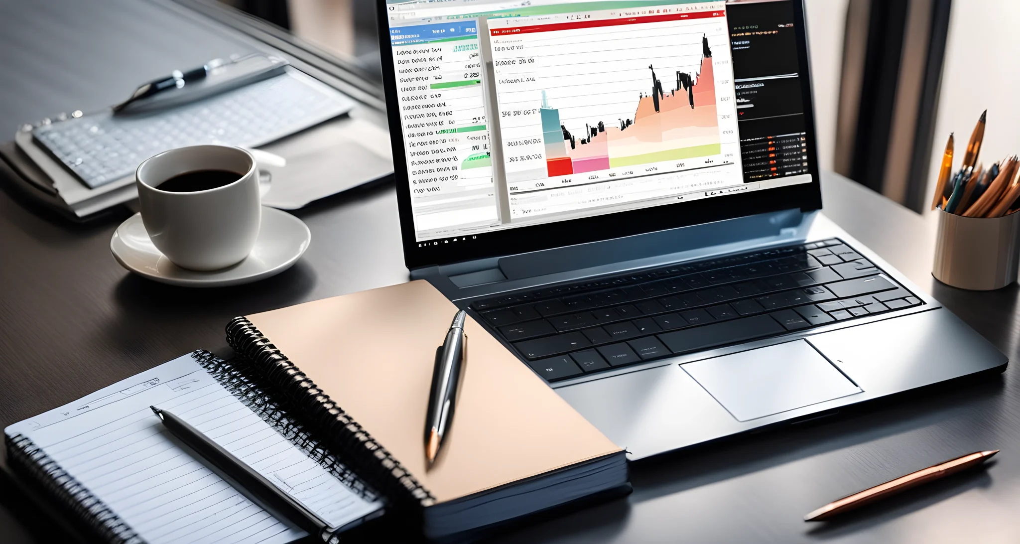 The image shows a laptop with a trading platform open on the screen, along with a notebook and pen for taking notes.