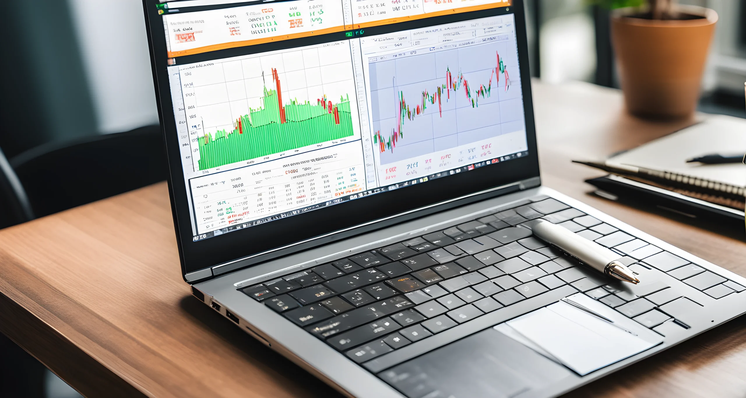 The image shows a laptop with multiple cryptocurrency trading charts and graphs on the screen, alongside a notebook with handwritten trading notes.