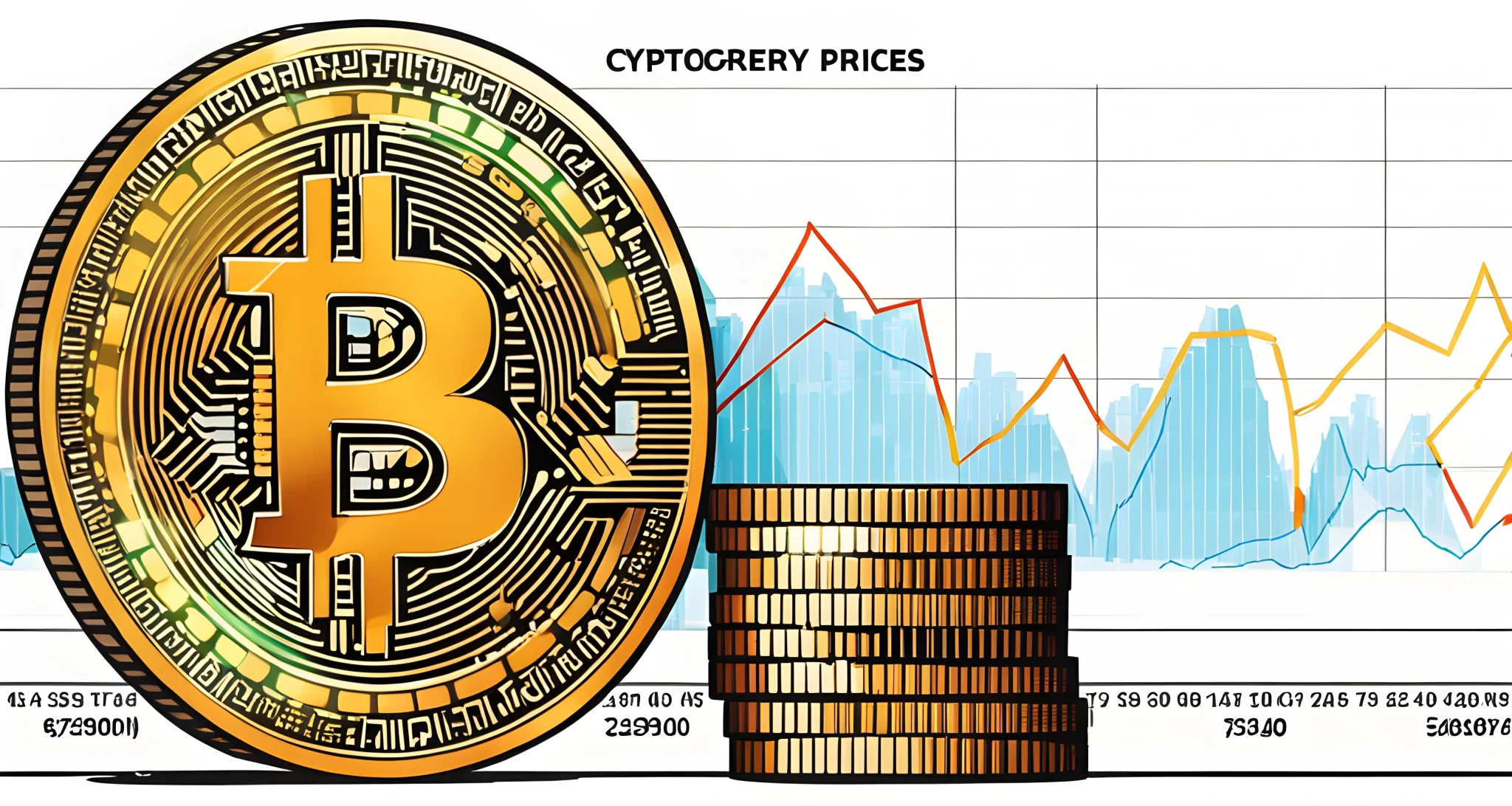 The image shows a line graph depicting the fluctuation of cryptocurrency prices over time, alongside a table displaying the top performing coins.