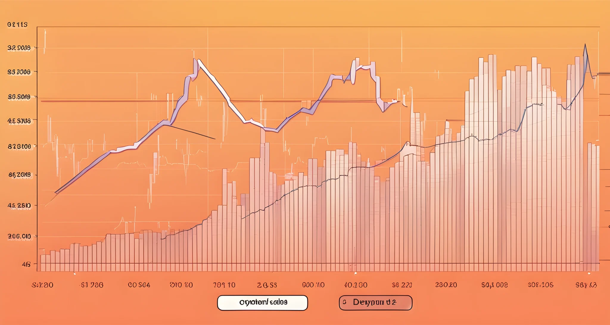 The image shows a line graph of cryptocurrency price fluctuations alongside a bar graph representing the volume of trading activity.