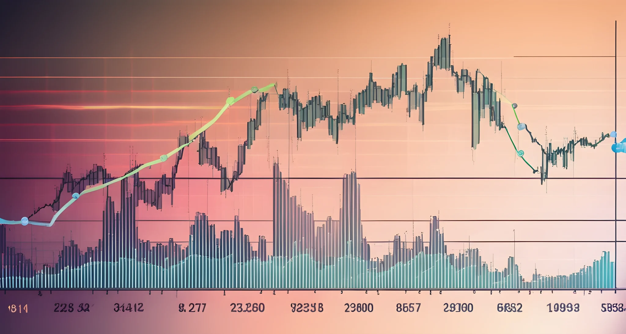 The image shows a line graph with fluctuating crypto prices over time, along with various technical indicators and moving averages.