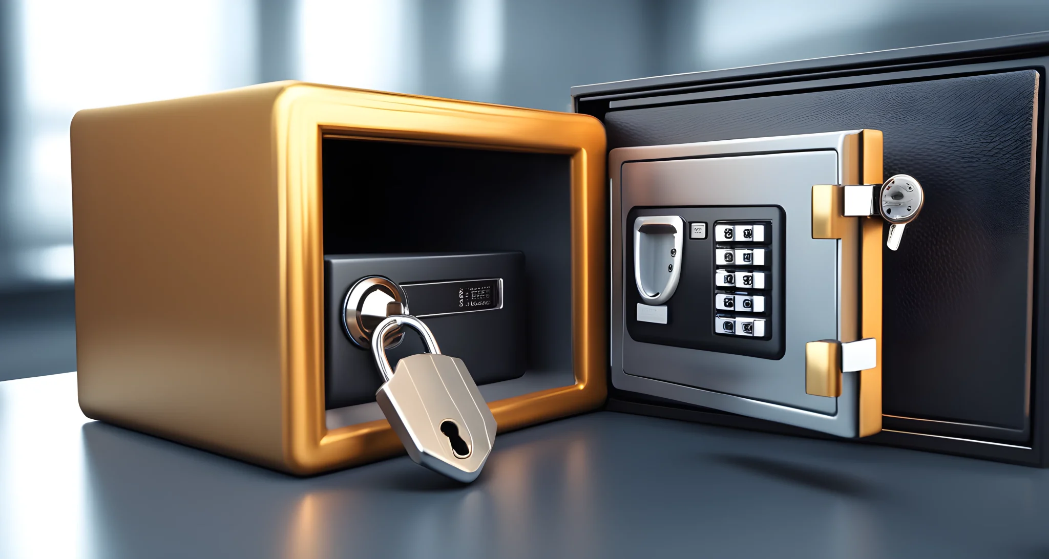 The image shows a locked safe with a digital lock, a secure hardware wallet, and a computer with encryption software.