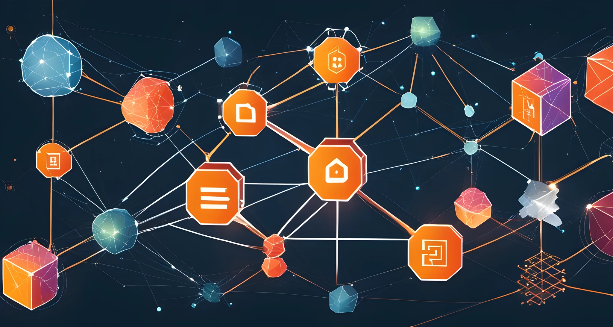 The image shows a network of interconnected blocks representing different applications of blockchain technology beyond cryptocurrencies.