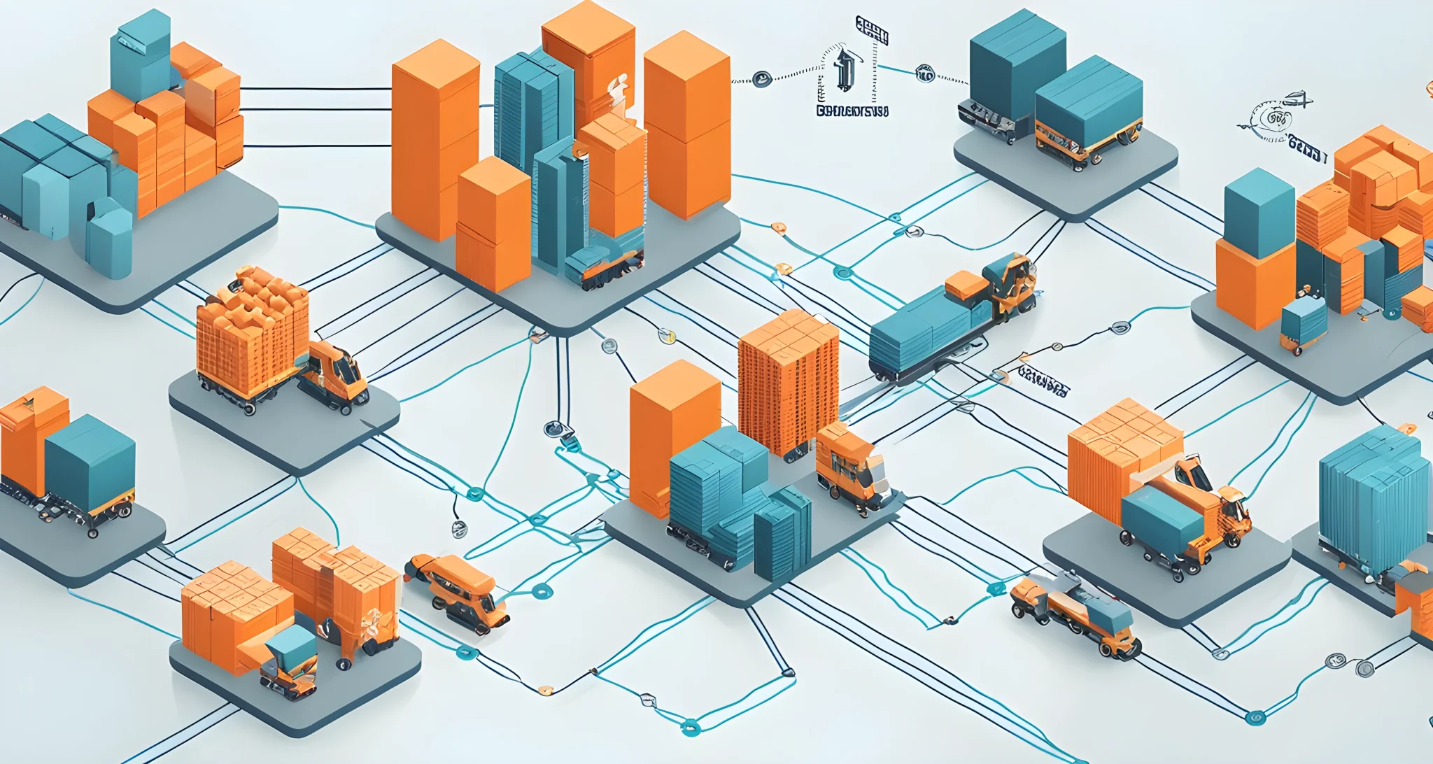 The image shows a network of interconnected blocks representing the supply chain, with various key players such as manufacturers, suppliers, distributors, and retailers.