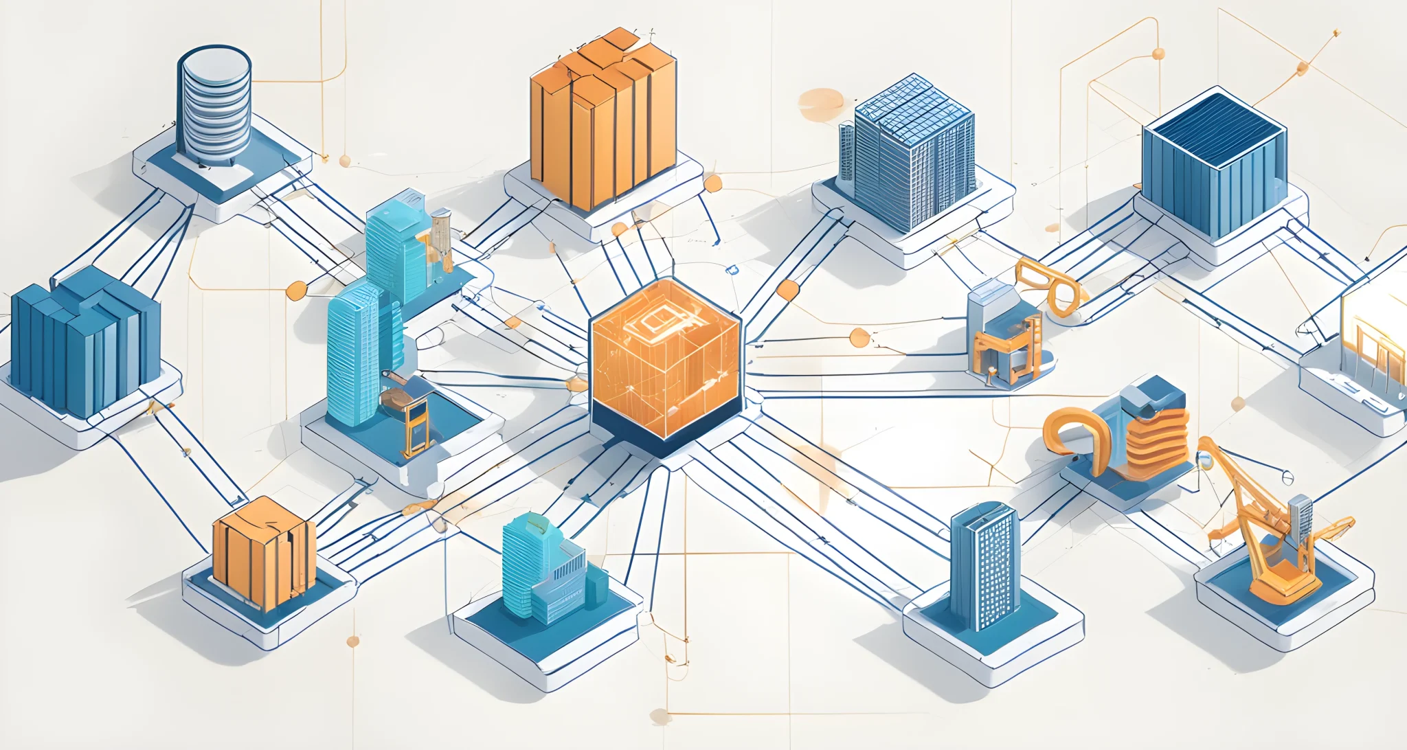 The image shows a network of interconnected blocks representing the blockchain technology, alongside various industrial sectors such as finance, healthcare, supply chain, and real estate.