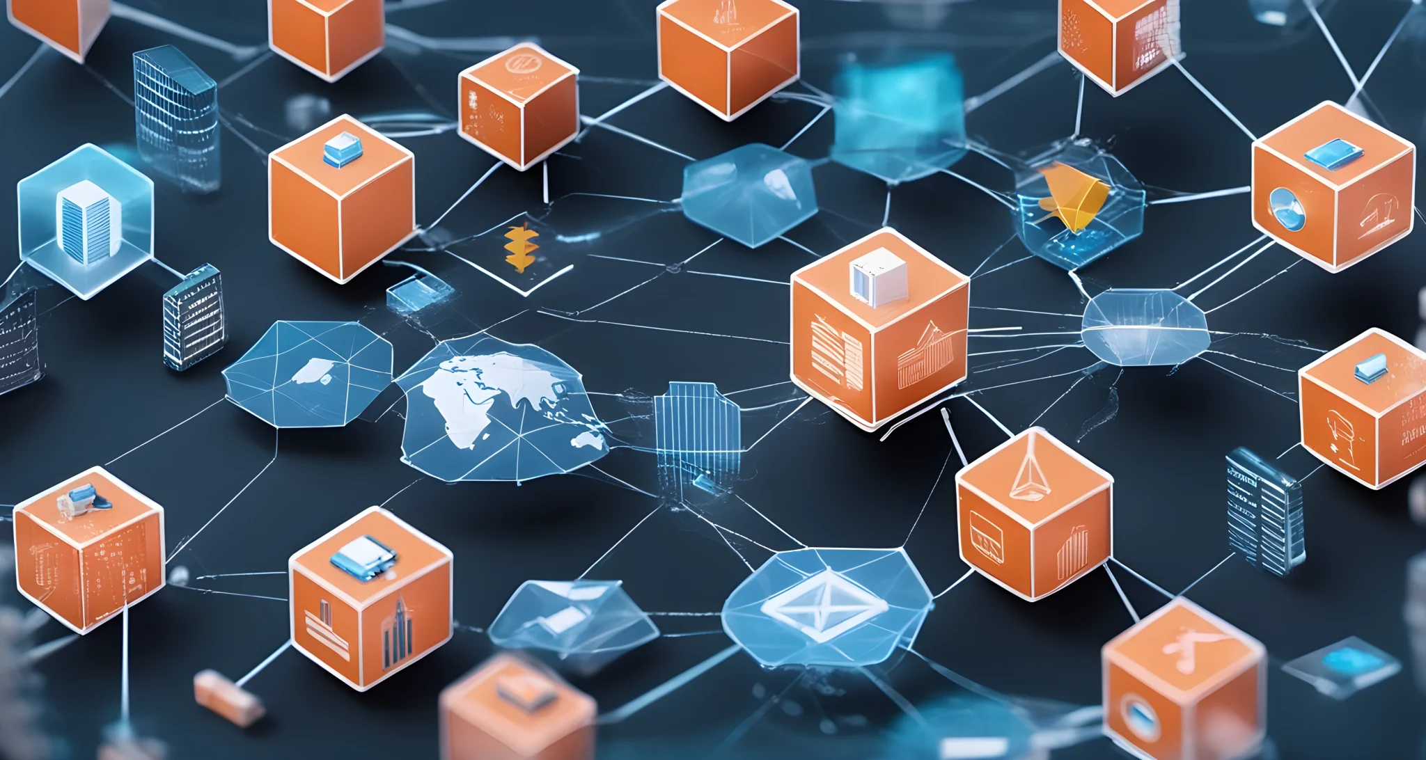 The image shows a network of interconnected blocks representing the Ethereum blockchain, with various industry-specific icons overlaid on top, such as finance, real estate, and healthcare.