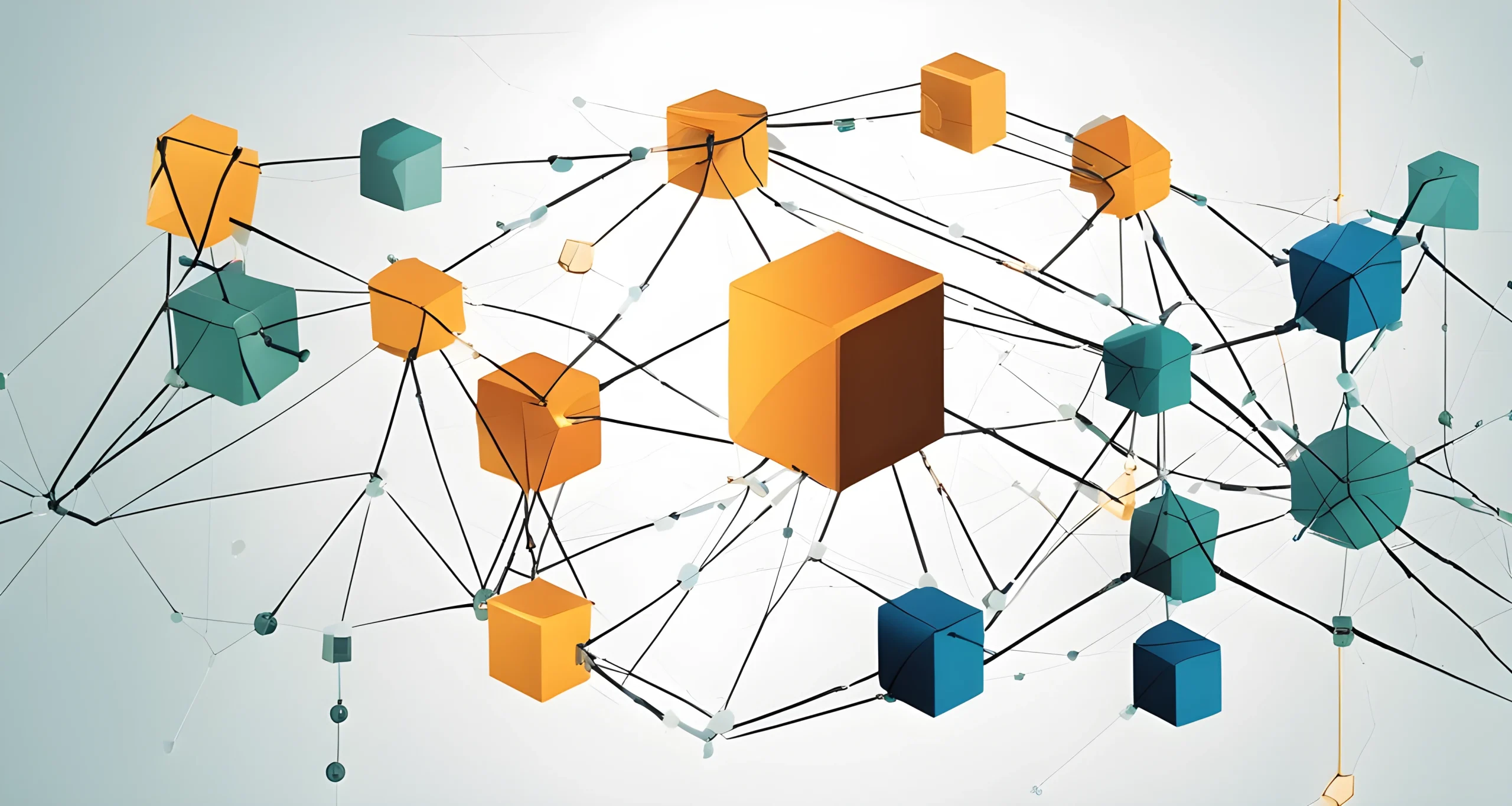 The image shows a network of interconnected blocks representing the concept of blockchain technology.