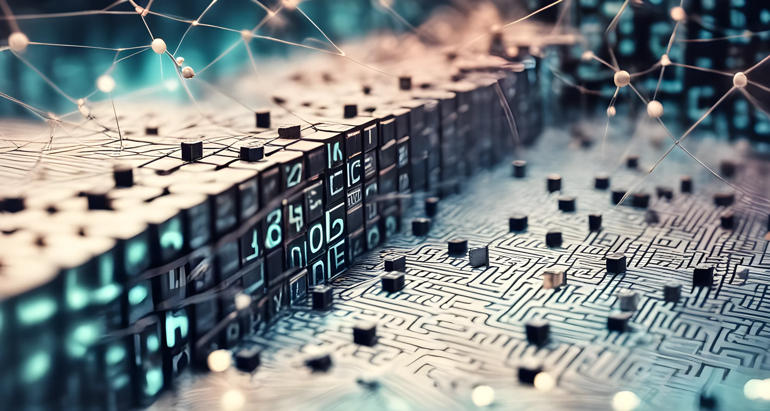 The image shows a network of interconnected blocks with alphanumeric codes, representing the concept of blockchain technology.