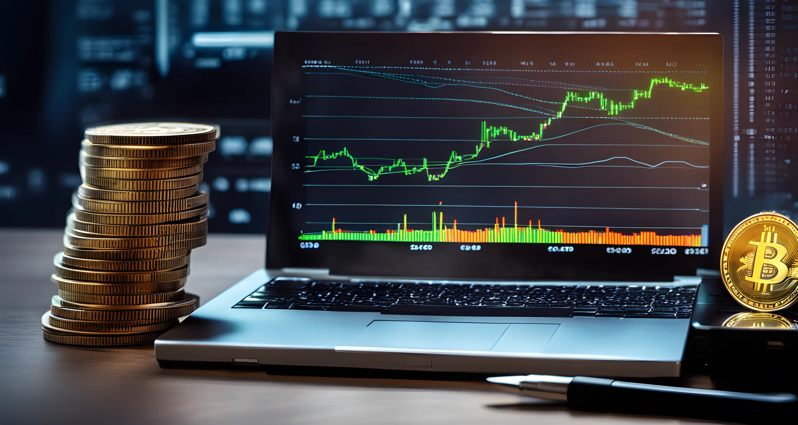 The image shows a physical bitcoin coin and a computer with a cryptocurrency trading graph on the screen.