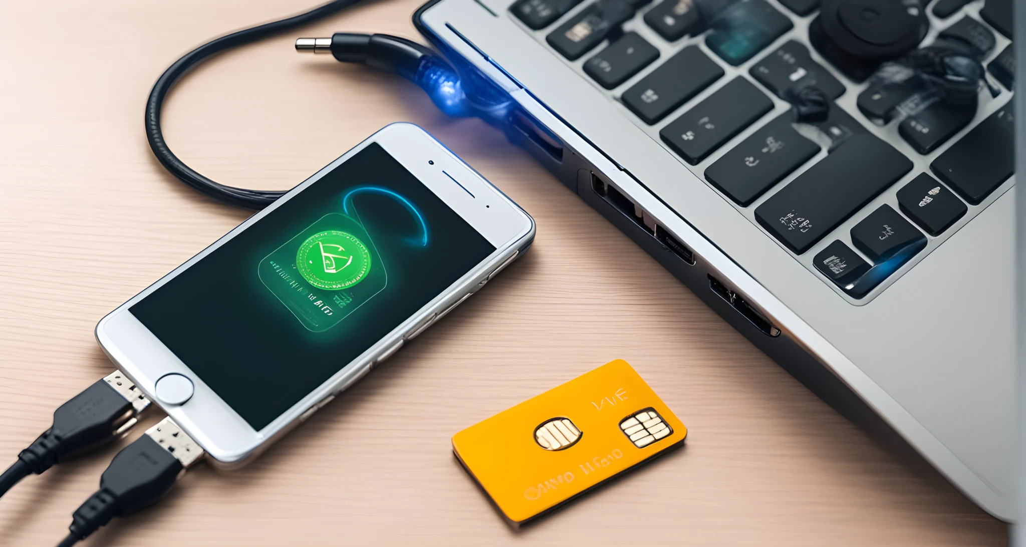 The image shows a secure hardware wallet for storing cryptocurrency, a two-factor authentication device, and a computer with encrypted data.