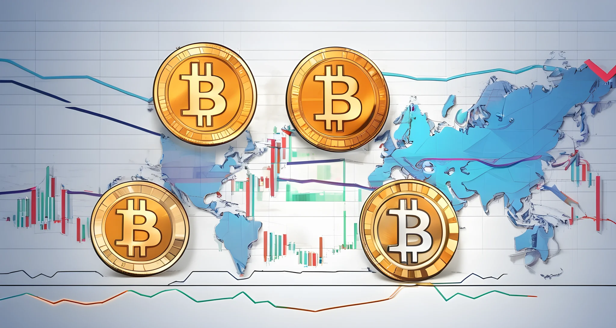 The image shows a series of cryptocurrency price charts, alongside stock market indices and investment bank logos.