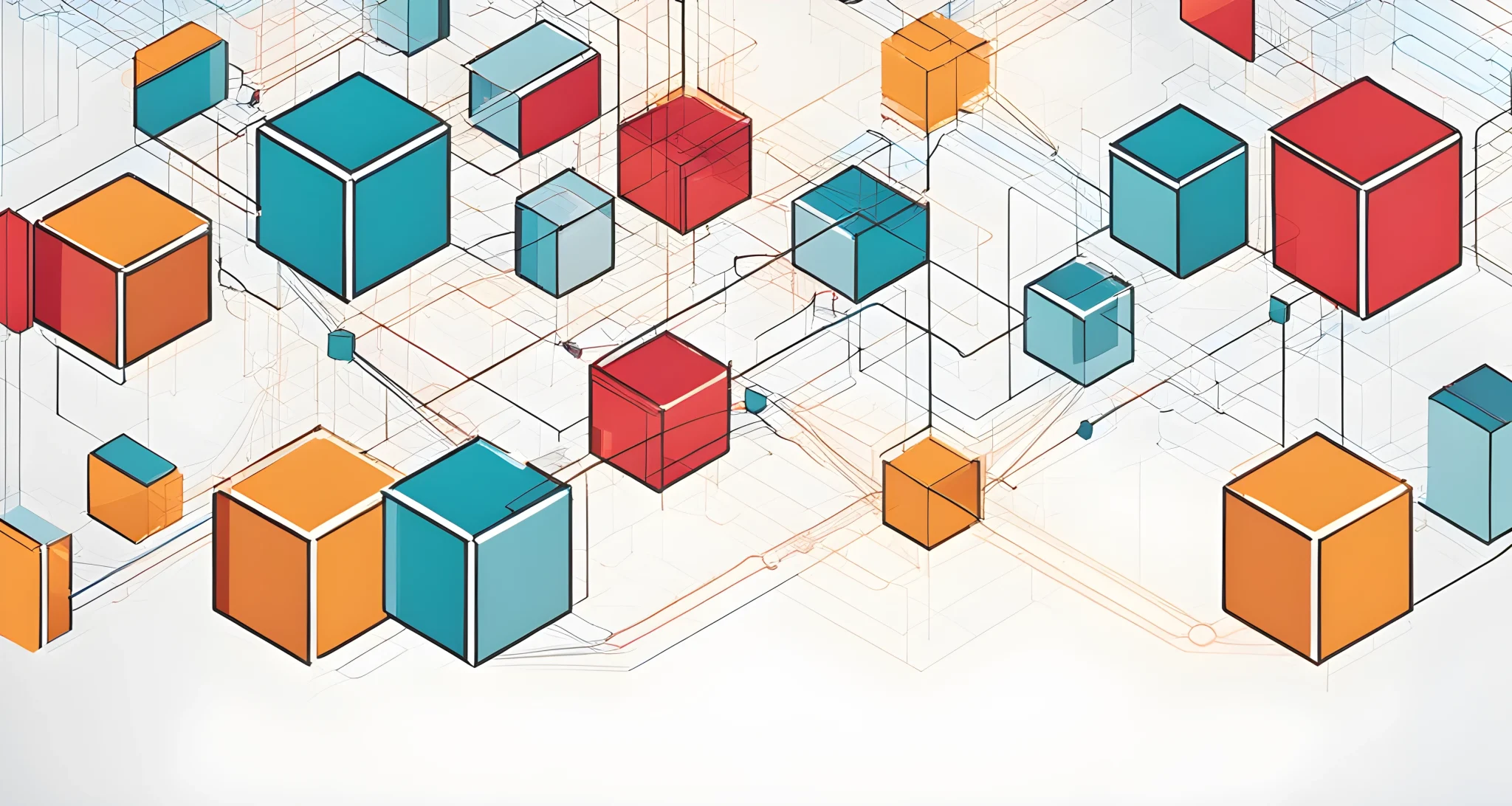 The image shows a series of interconnected blocks representing blockchain technology, with lines linking each block together.