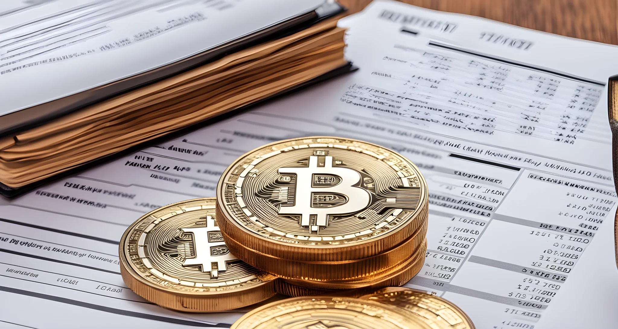 The image shows a side-by-side comparison of a stack of bitcoins and a pile of traditional investment documents.