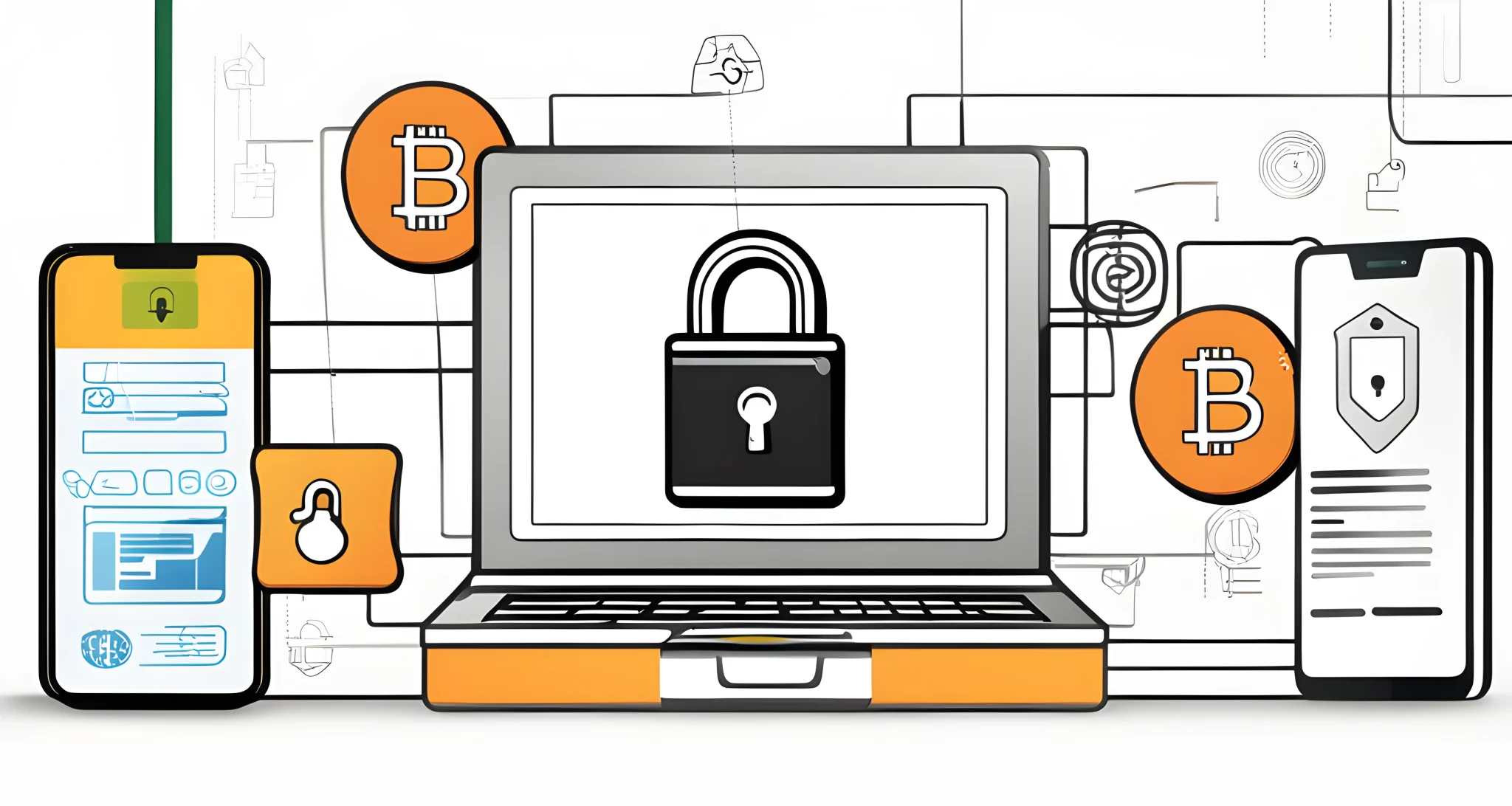 The image shows a smartphone displaying a digital wallet app and a lock icon, surrounded by a computer, a secure padlock, and a printed cryptocurrency key.