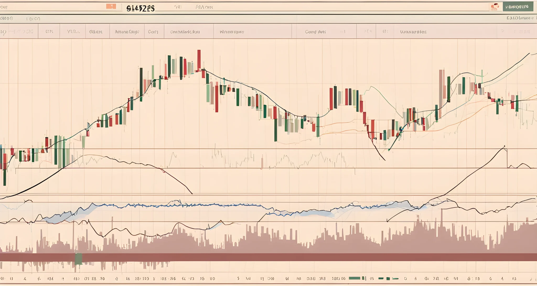 The image shows a stock price chart with candlestick and line graphs, along with various technical analysis indicators such as moving averages, RSI, and MACD.