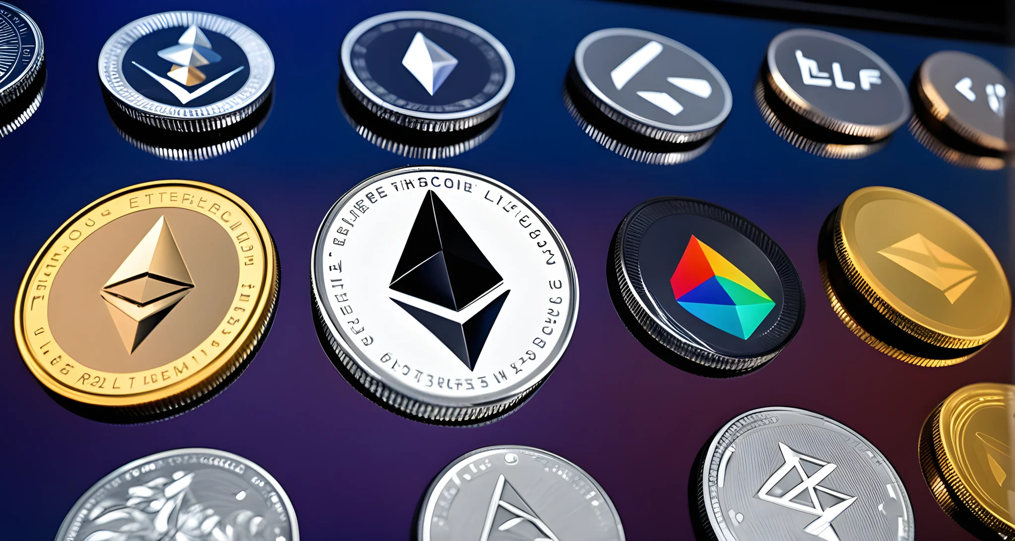 The image shows a variety of altcoins such as Ethereum, Ripple, Litecoin, and Dash displayed on a digital screen.