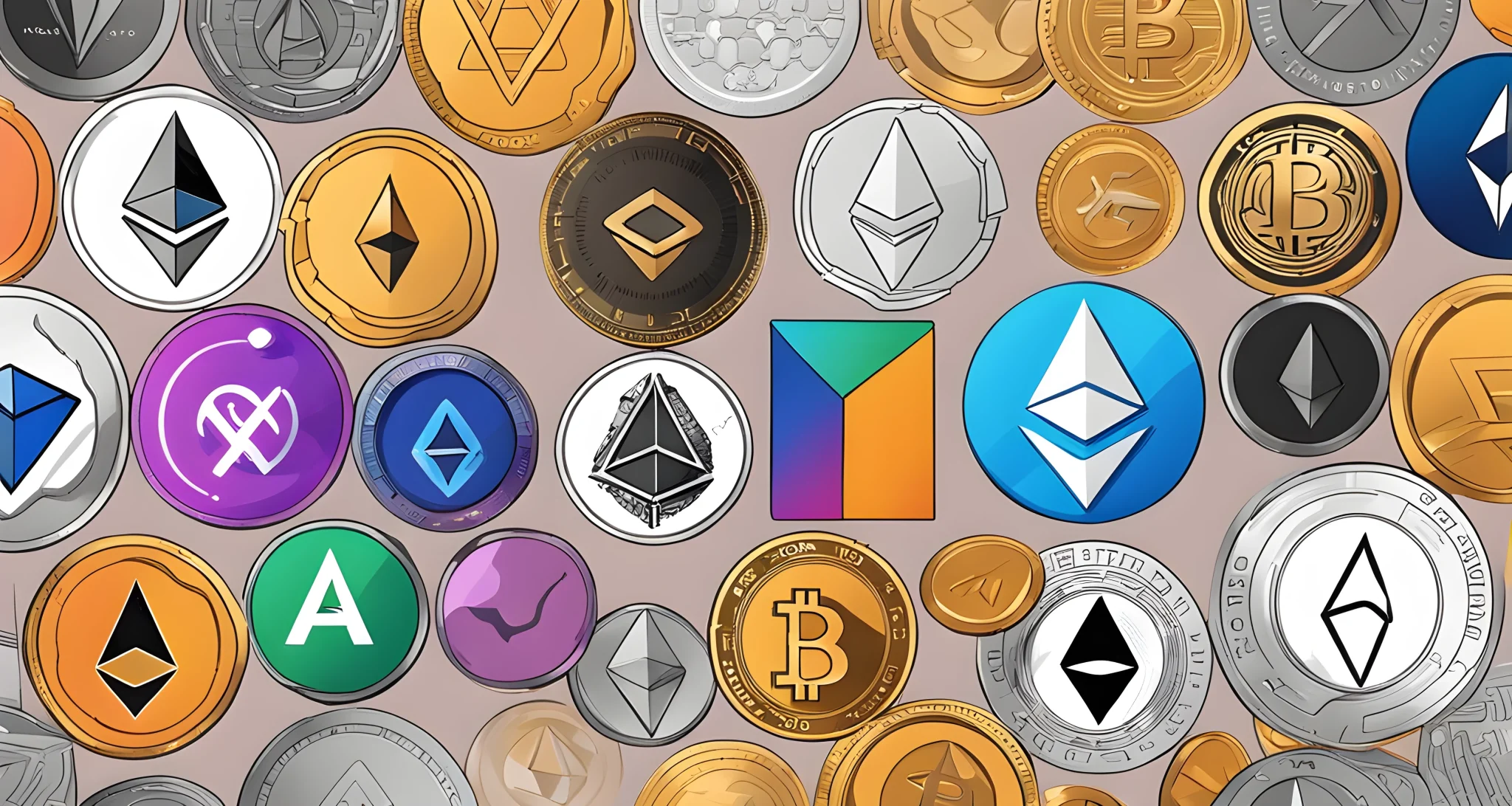 The image shows a variety of cryptocurrency logos, including Ethereum, Chainlink, Aave, and Uniswap.