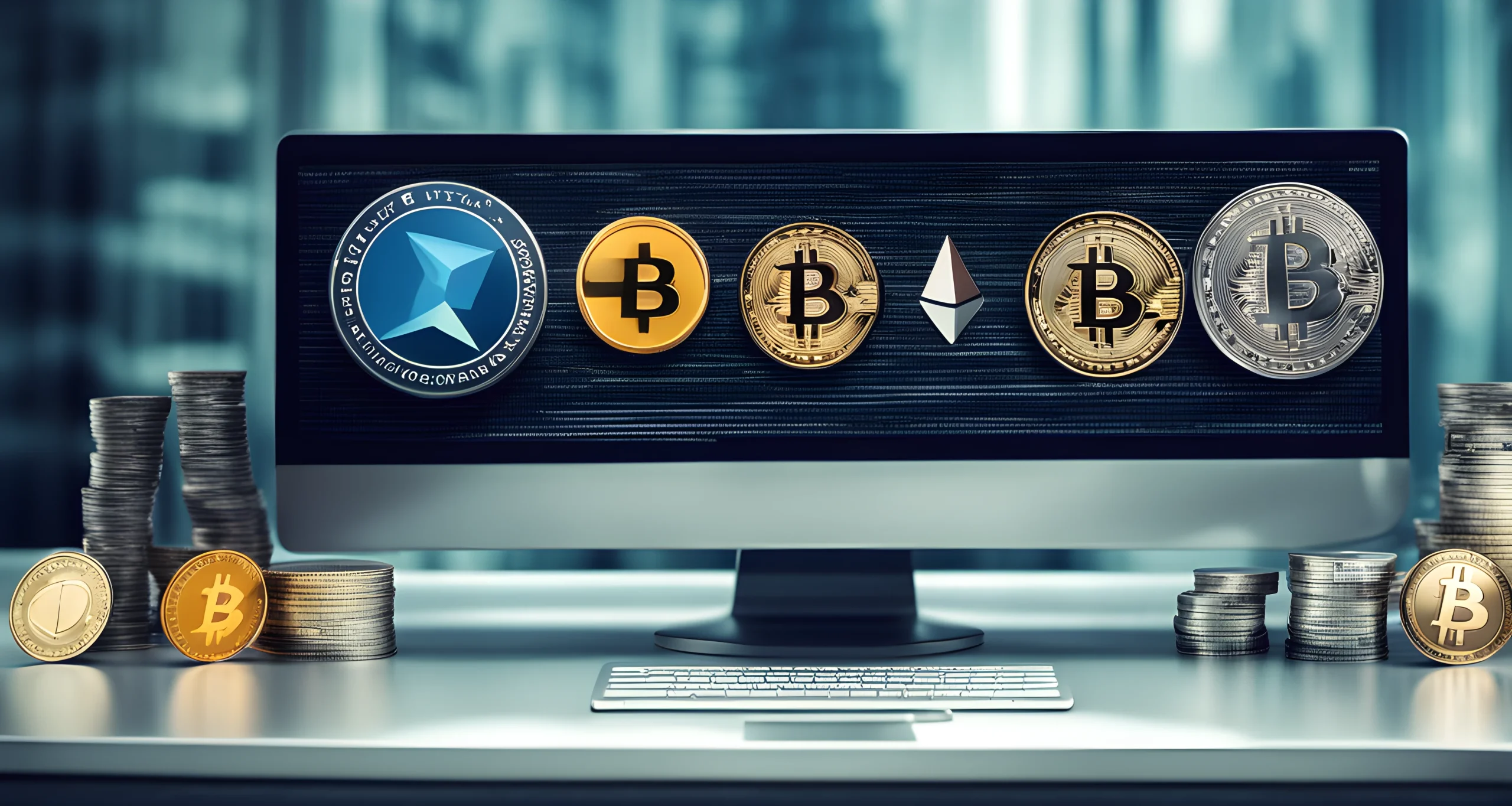 The image shows a variety of different altcoin cryptocurrency logos displayed on a computer monitor.