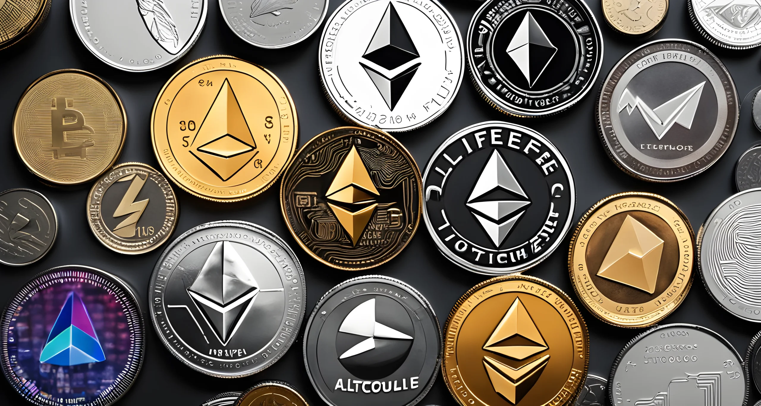 The image shows a variety of different altcoins, including Ethereum, Litecoin, and Ripple, displayed on a digital device.