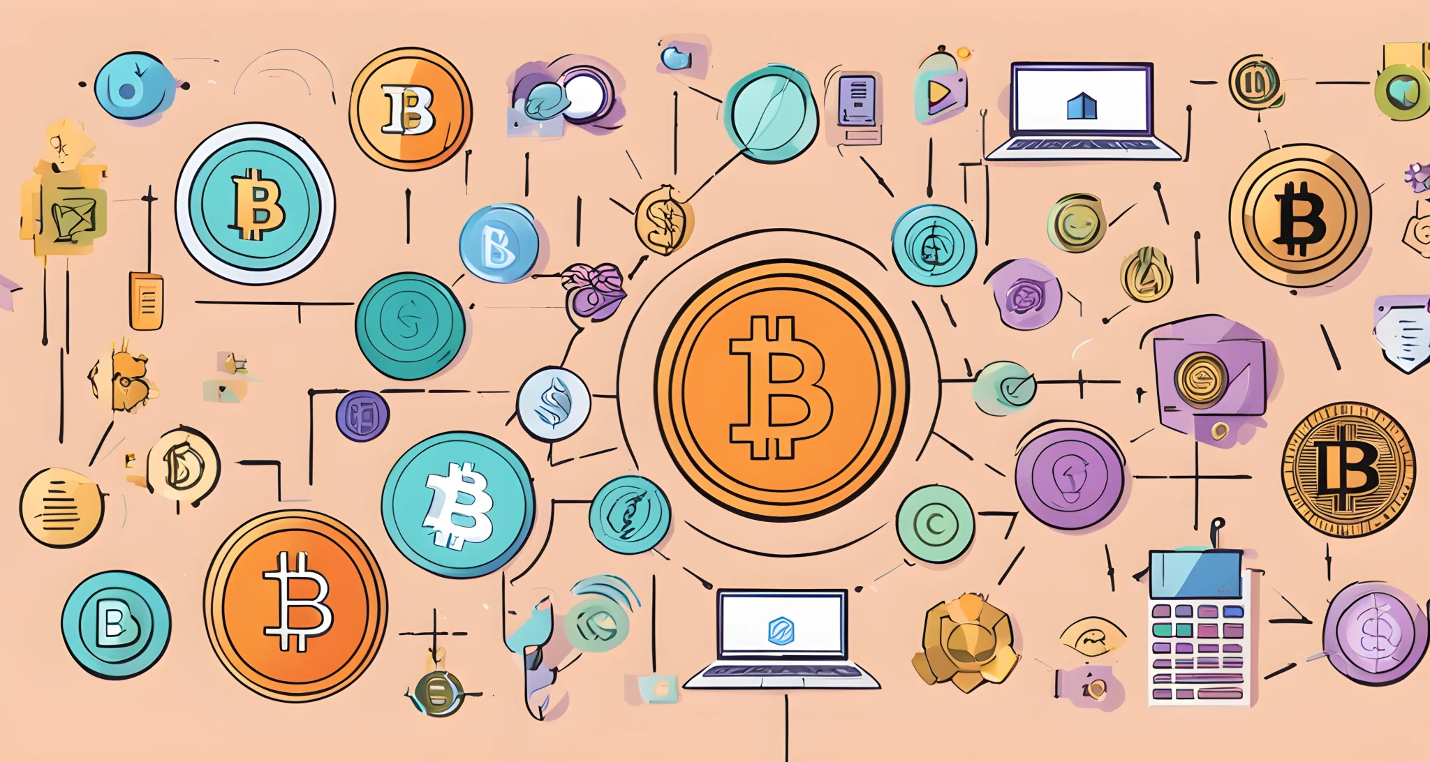 The image shows a variety of digital assets, including cryptocurrencies such as Bitcoin, Ethereum, and stablecoins, as well as decentralized finance (DeFi) platforms and tokens.