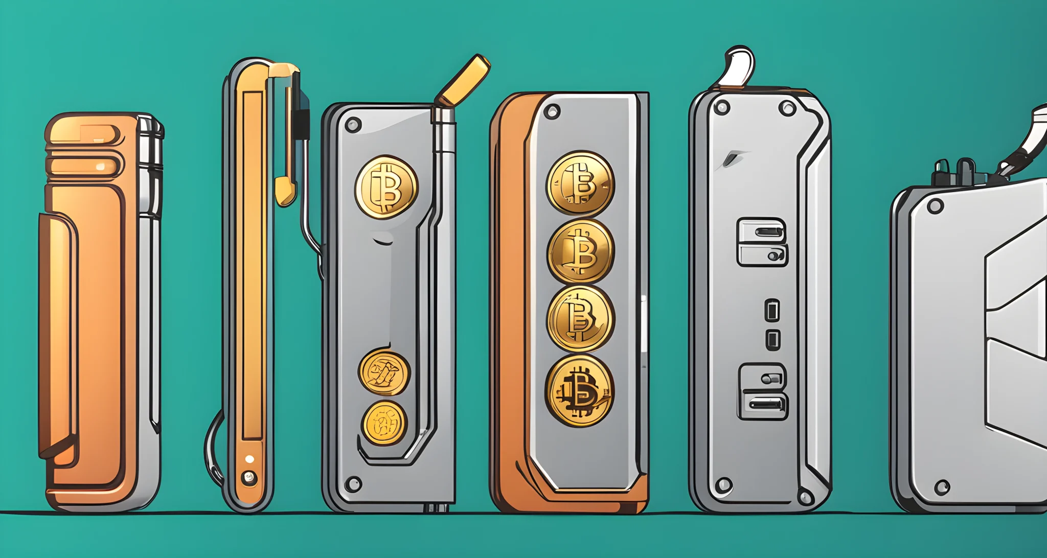 The image shows a variety of hardware cryptocurrency wallets arranged in a row, displaying their different shapes and sizes.