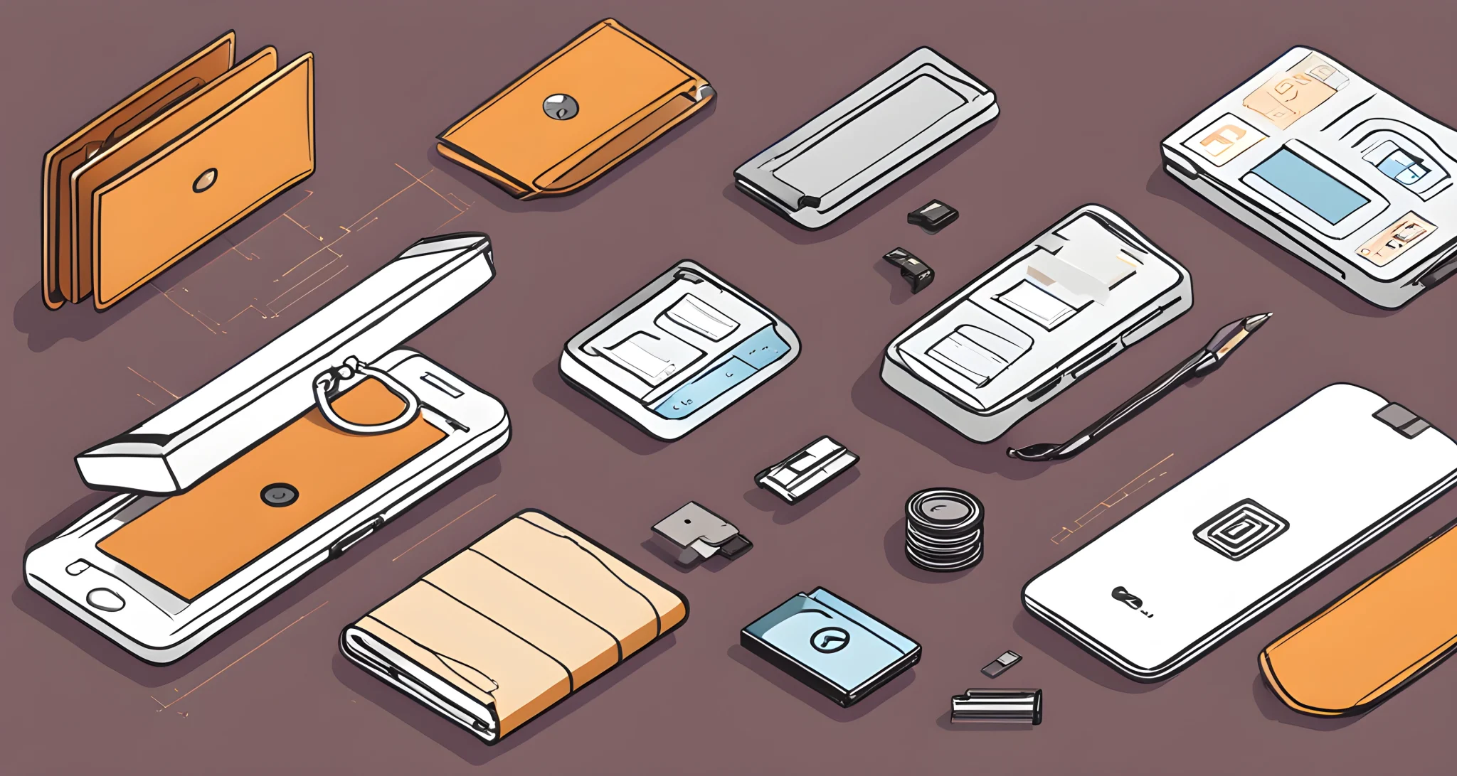 The image shows a variety of hardware wallets, paper wallets, and mobile wallets.