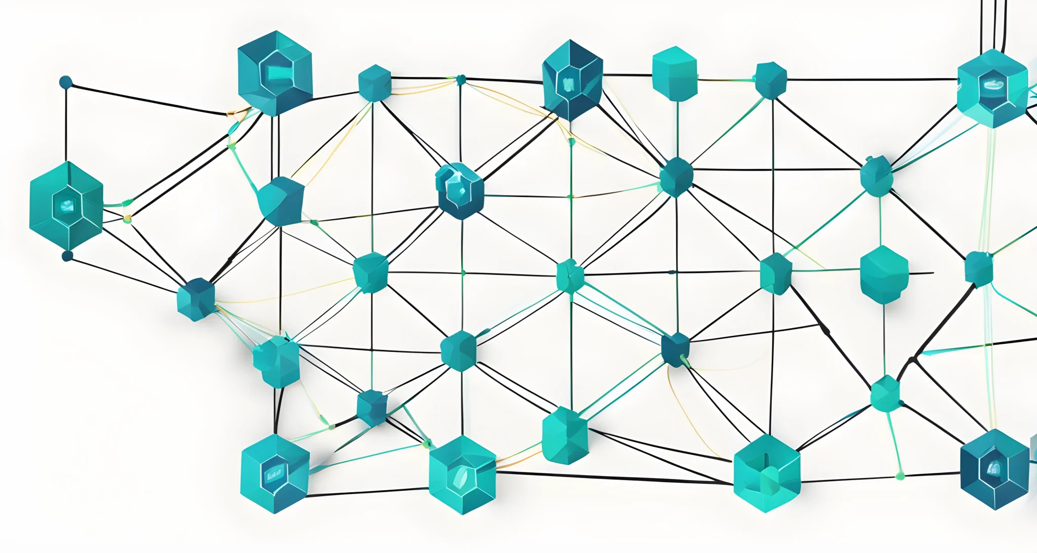 The image shows a visual representation of a blockchain network, with nodes interconnected by lines.