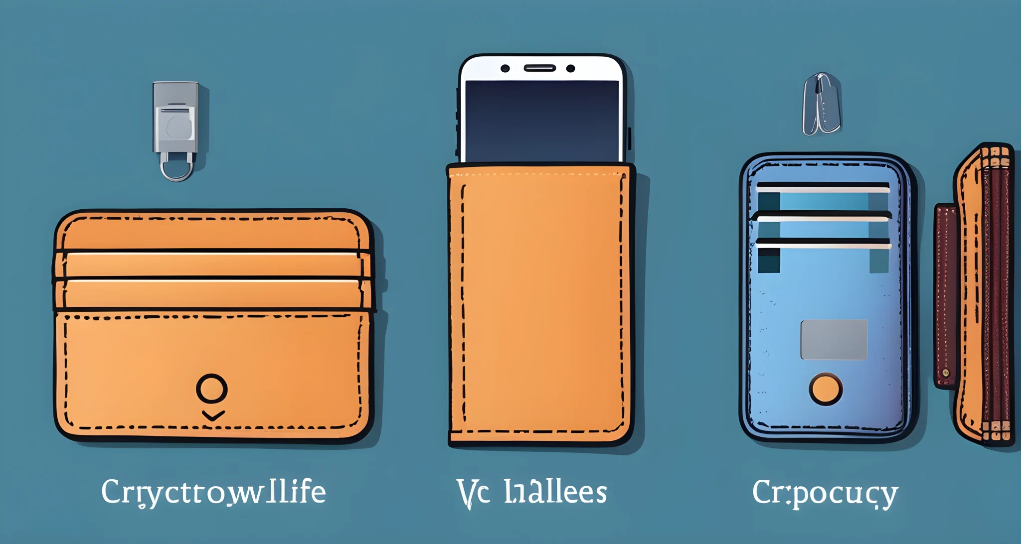 The image shows different types of cryptocurrency wallets, including hardware wallets, paper wallets, and mobile wallets.