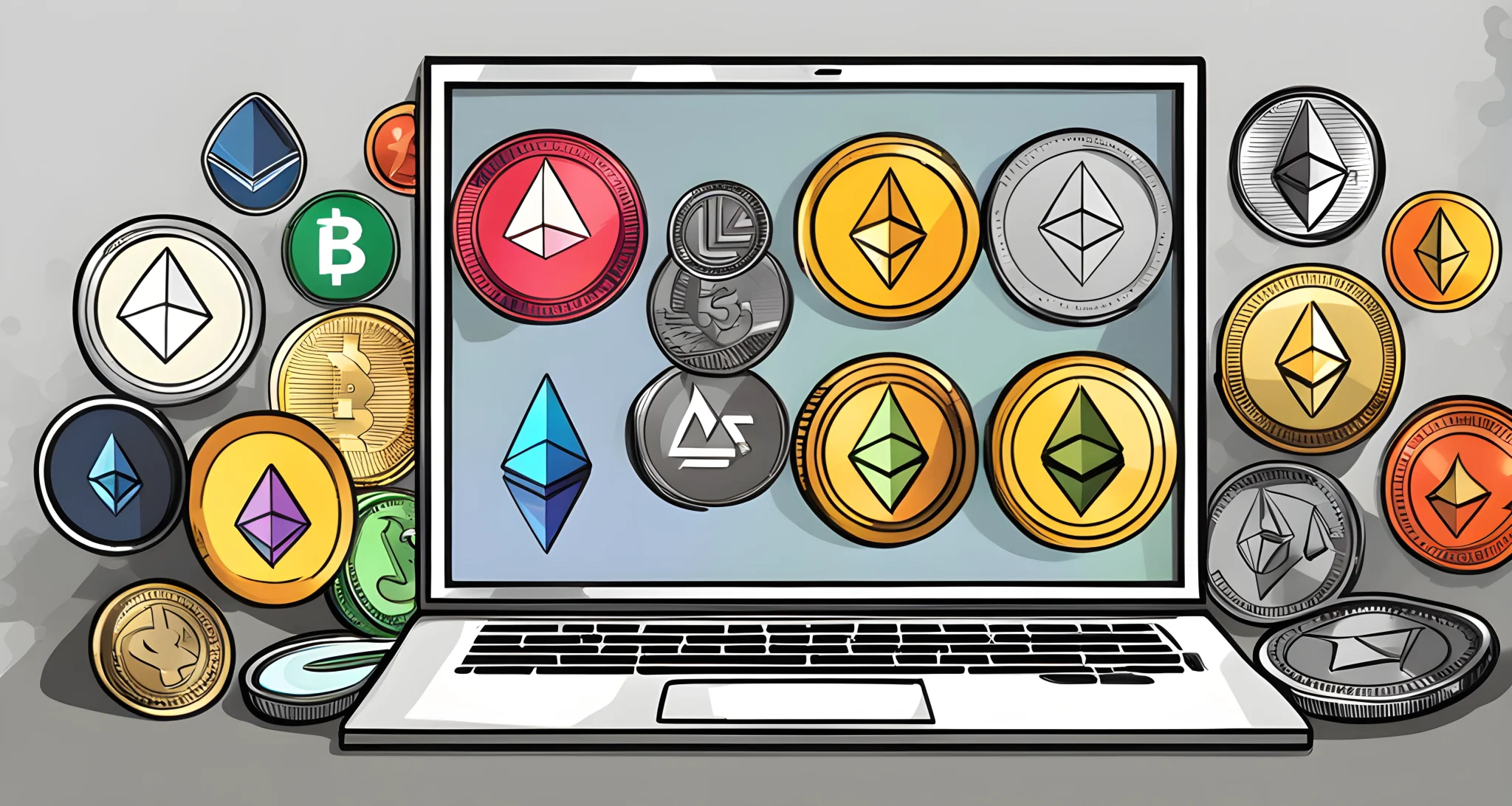 The image shows various altcoins such as Ethereum, Ripple, and Litecoin displayed on a computer screen.