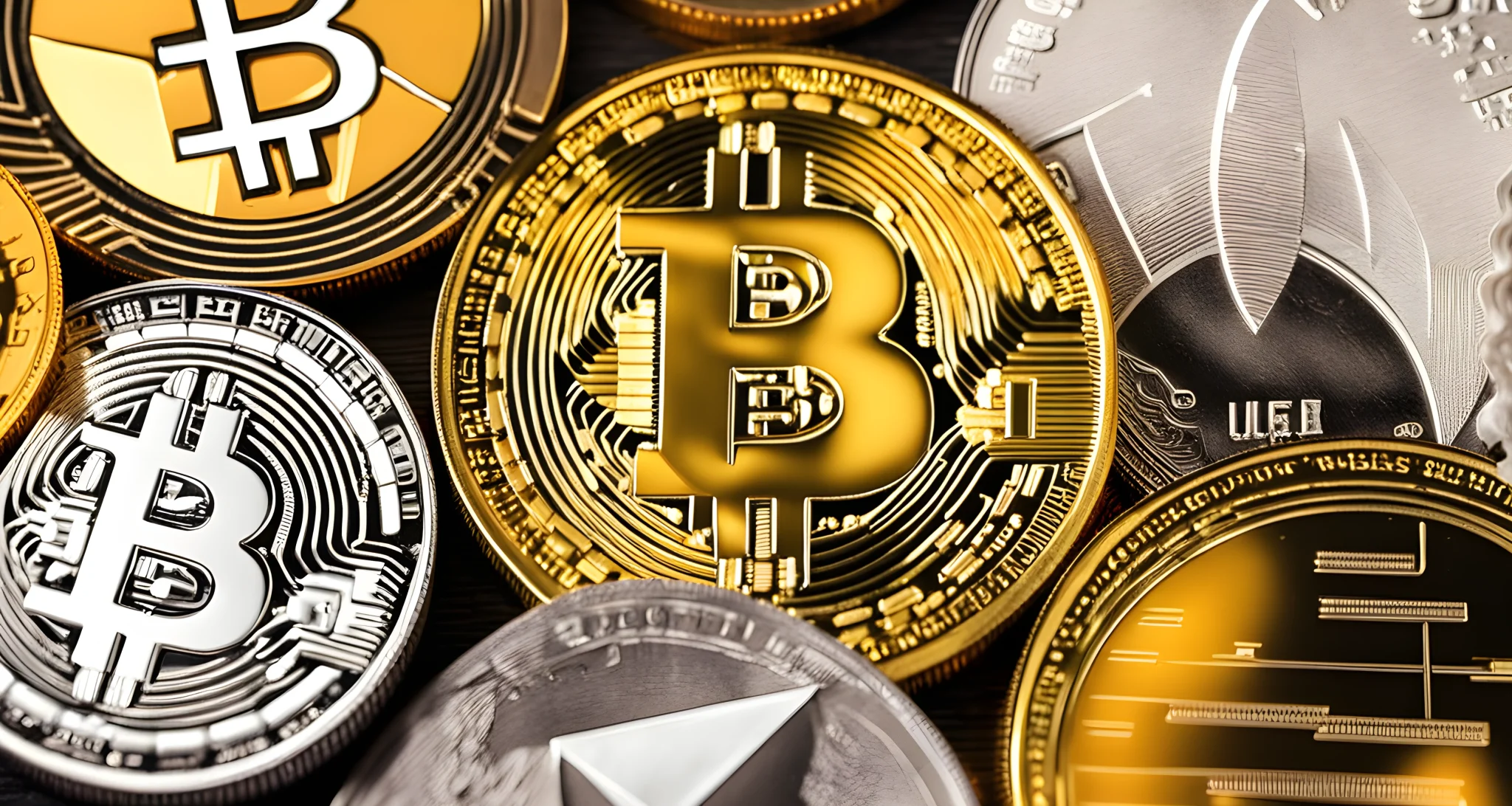 The image shows various forms of digital currency, including Bitcoin, Ethereum, and Litecoin.