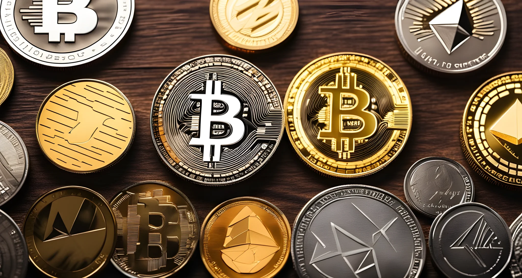 The image shows various types of cryptocurrency coins and tokens, including Bitcoin, Ethereum, Ripple, and Litecoin.