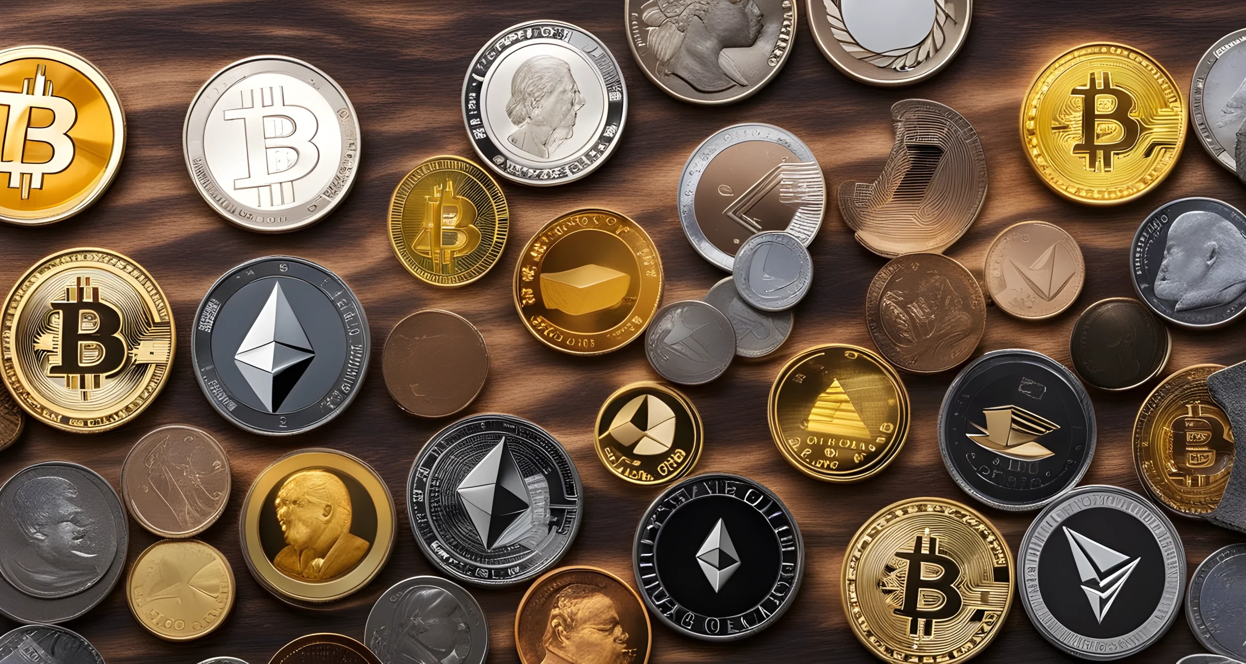 The image shows various types of cryptocurrency coins and tokens arranged in a grid.